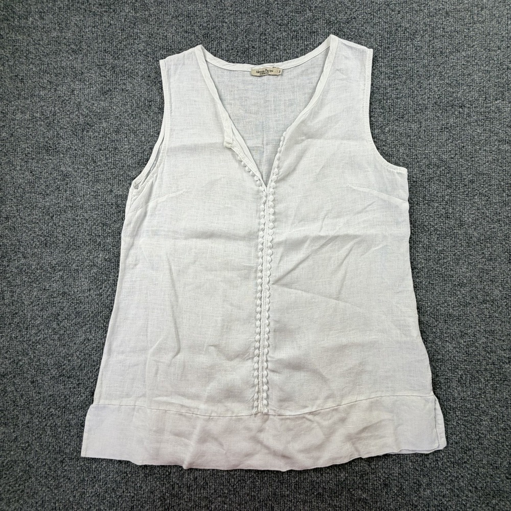 Alessia Pacini 100% Linen Blouse Top White Italy Sleeveless Lace Trim M‎